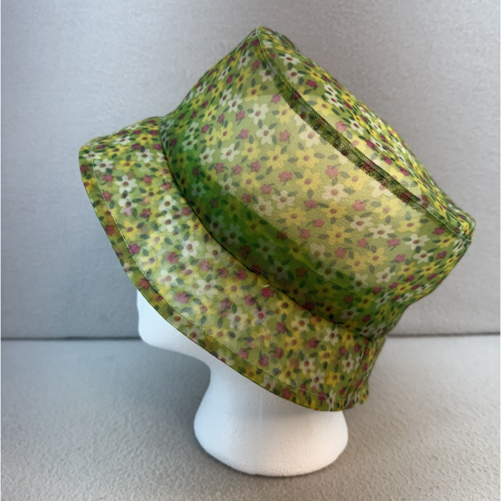 VTG Y2K Sheer Floral Bucket Hat Green Mesh Lightweight Festival Cottagecore 58CM
